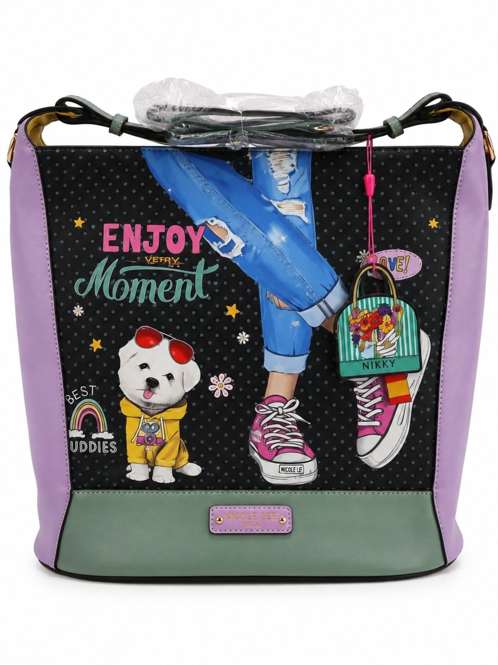 Nicole Lee - Brand New - Lavender & Black 'Enjoy Moment' Graphic Crossbody Bag
